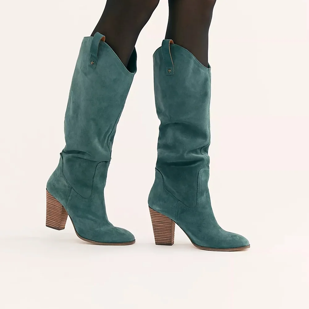 Free People Black Suede Knee-High Block Heel Slouch Boots - Picture 1 of 4